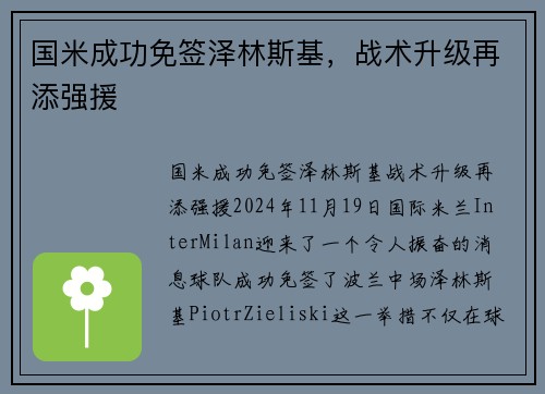 国米成功免签泽林斯基，战术升级再添强援