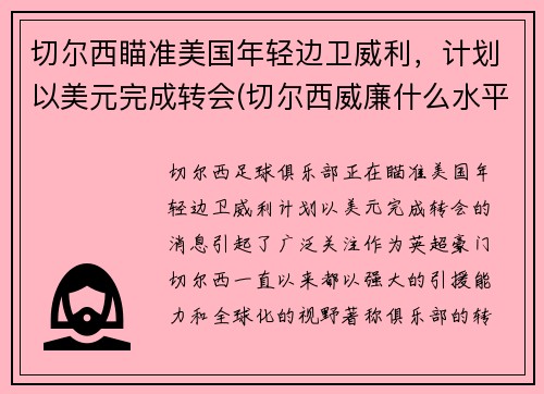 切尔西瞄准美国年轻边卫威利，计划以美元完成转会(切尔西威廉什么水平)