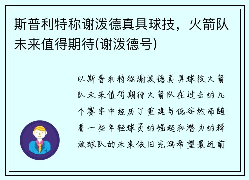 斯普利特称谢泼德真具球技，火箭队未来值得期待(谢泼德号)