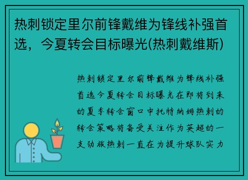 热刺锁定里尔前锋戴维为锋线补强首选，今夏转会目标曝光(热刺戴维斯)