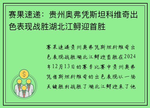 赛果速递：贵州奥弗凭斯坦科维奇出色表现战胜湖北江鲟迎首胜